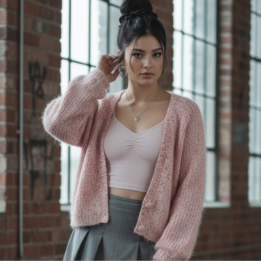 Vintage Autograph Mohair Soft Girl Pink Cream Cardigan Coquette Balletcore Large